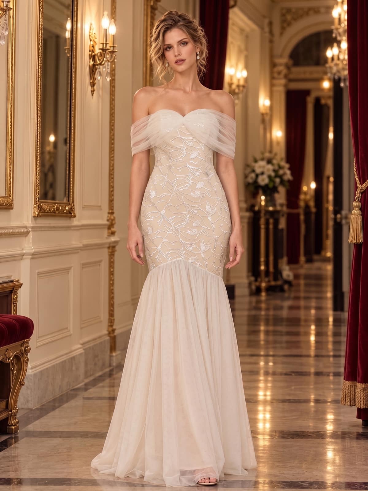 Floral lace mermaid off-shoulder mother of the bride floor-length evening dress with draped sheer sleeves, front view.