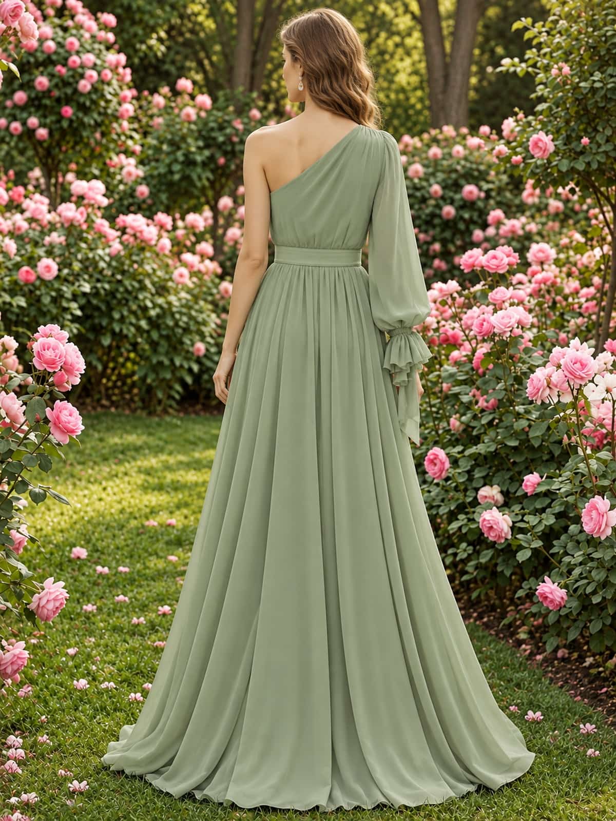 Chiffon A-line mother of the bride dress with asymmetric one-shoulder back, defined waist and flowing floor-length skirt, back view.