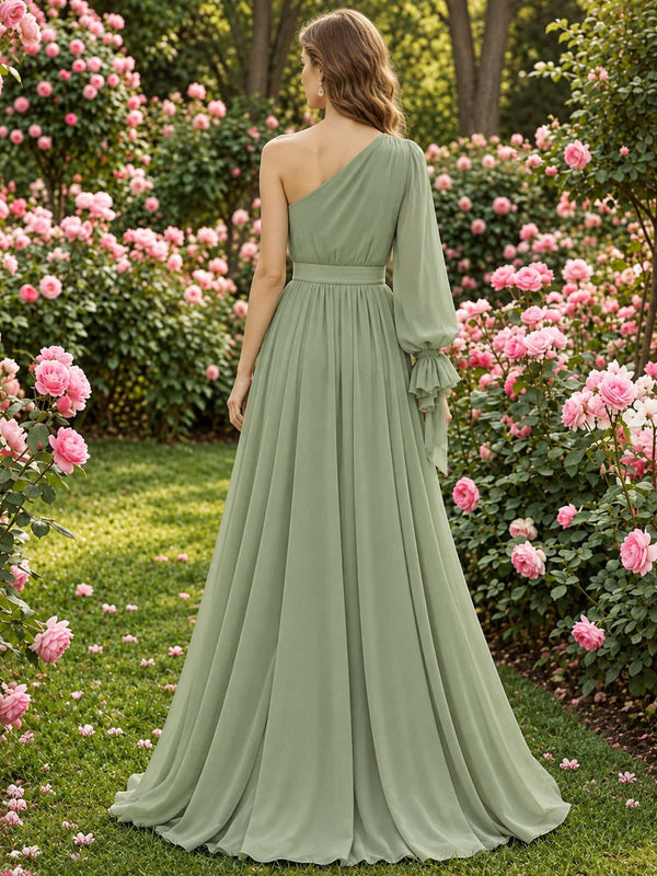 Chiffon A-line mother of the bride dress with asymmetric one-shoulder back, defined waist and flowing floor-length skirt, back view.