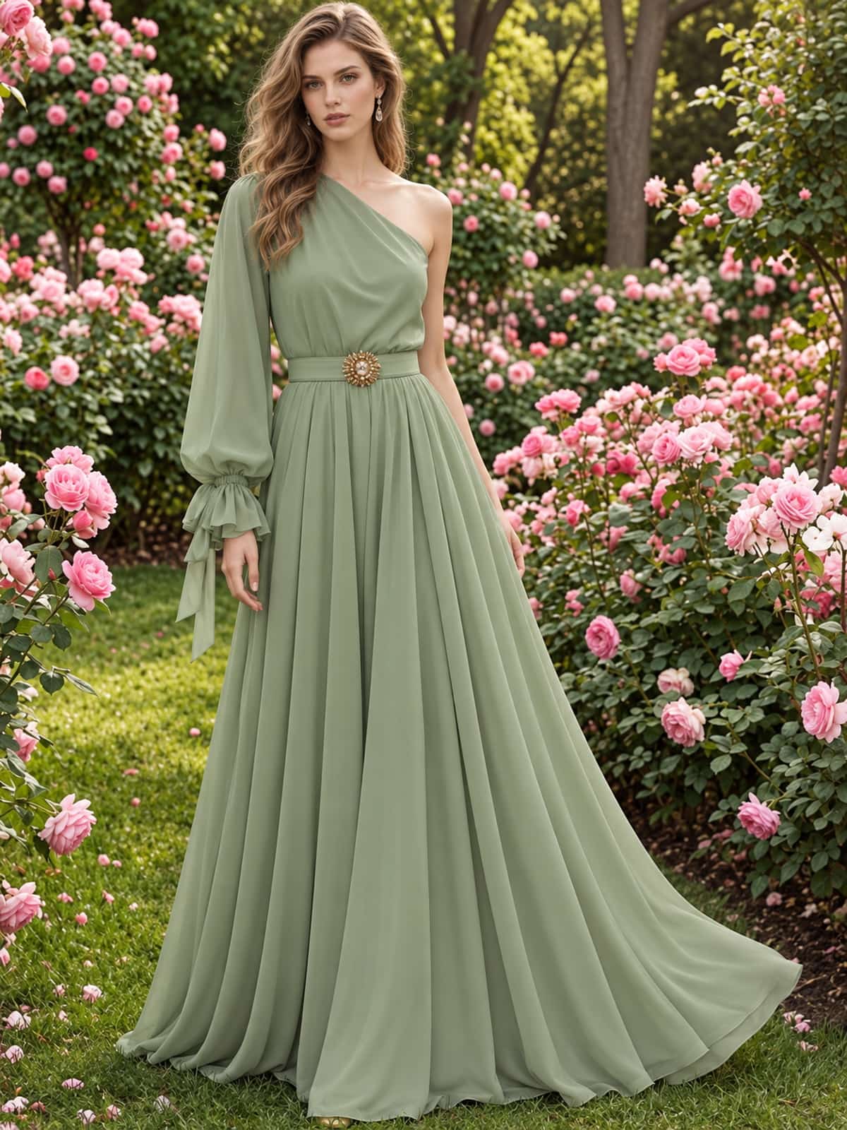Chiffon A-line one-shoulder floor-length mother of the bride evening dress with long bishop sleeve and embellished waist, front view.
