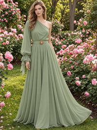 Chiffon A-line one-shoulder floor-length mother of the bride evening dress with long bishop sleeve and embellished waist, front view.
