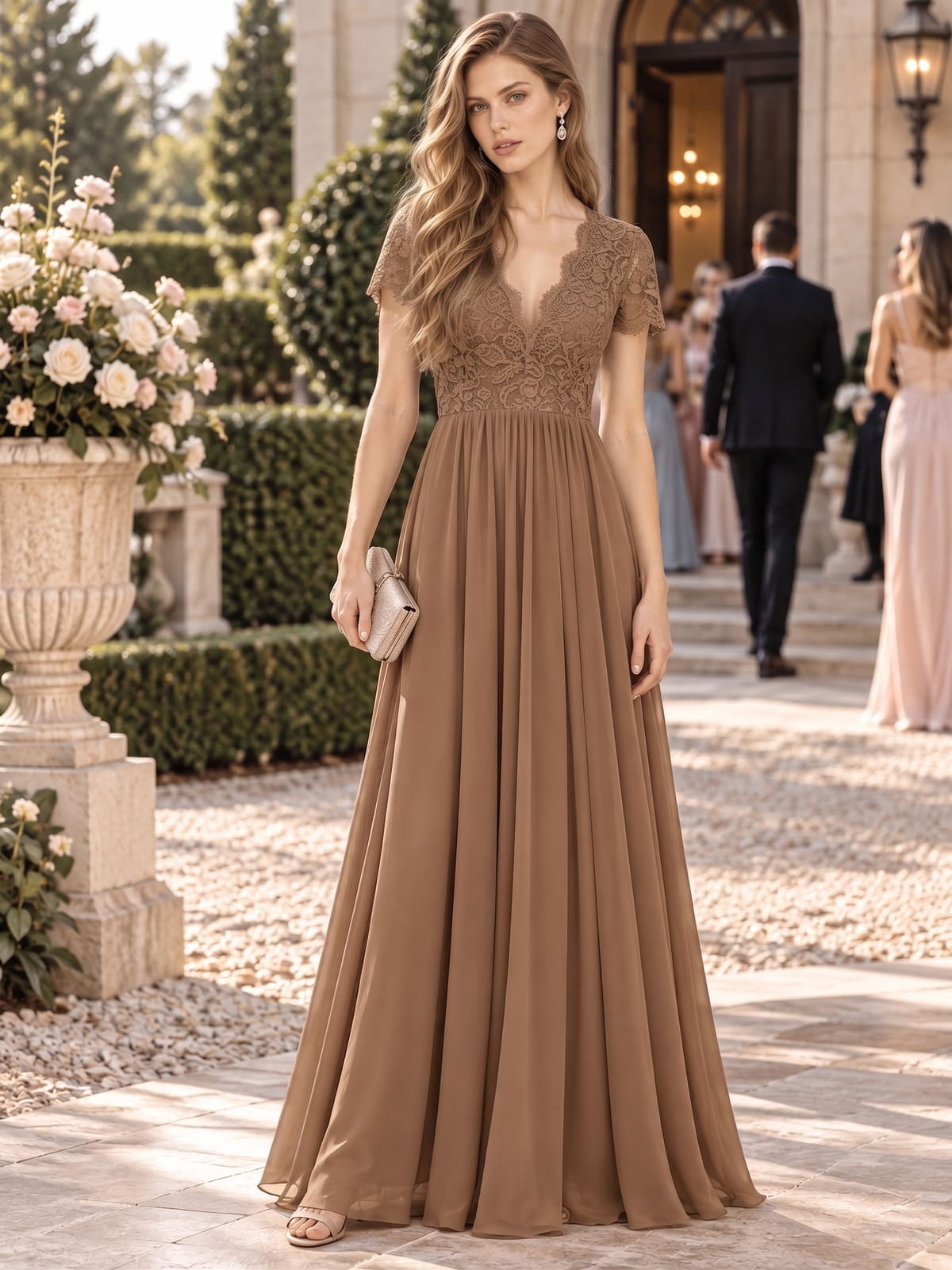 Floral lace chiffon A-line mother of the bride floor-length evening dress with V-neckline and short lace sleeves, front view.