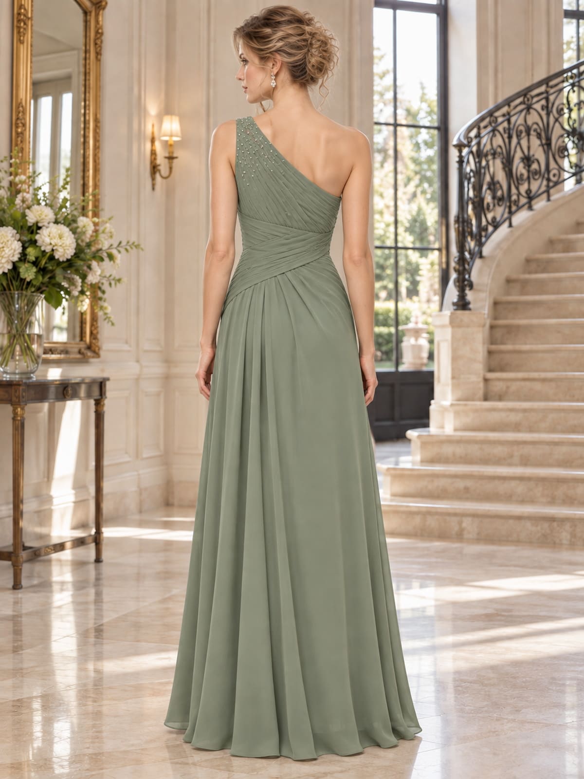 Chiffon A-line mother of the bride dress with asymmetrical one-shoulder back, ruched waist and floor-length skirt, back view.