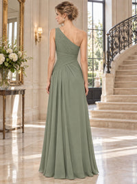 Chiffon A-line mother of the bride dress with asymmetrical one-shoulder back, ruched waist and floor-length skirt, back view.