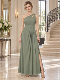 Chiffon A-line one-shoulder floor-length mother of the bride evening dress with beaded cutout detail and side slit, front view.