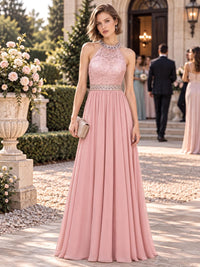 Floral lace chiffon A-line floor-length mother of the bride evening dress with halter neckline and embellished waist, front view.