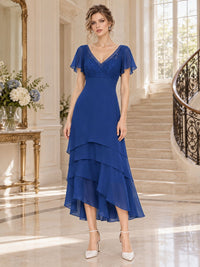 Floral lace chiffon A-line midi mother of the bride evening dress with V-neckline, flutter sleeves and tiered asymmetric hem, front view.