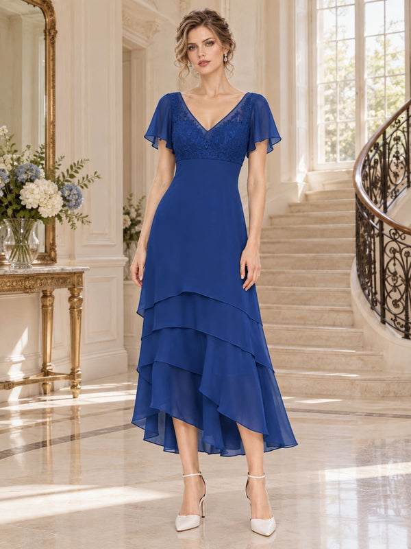 Floral lace chiffon A-line midi mother of the bride evening dress with V-neckline, flutter sleeves and tiered asymmetric hem, front view.