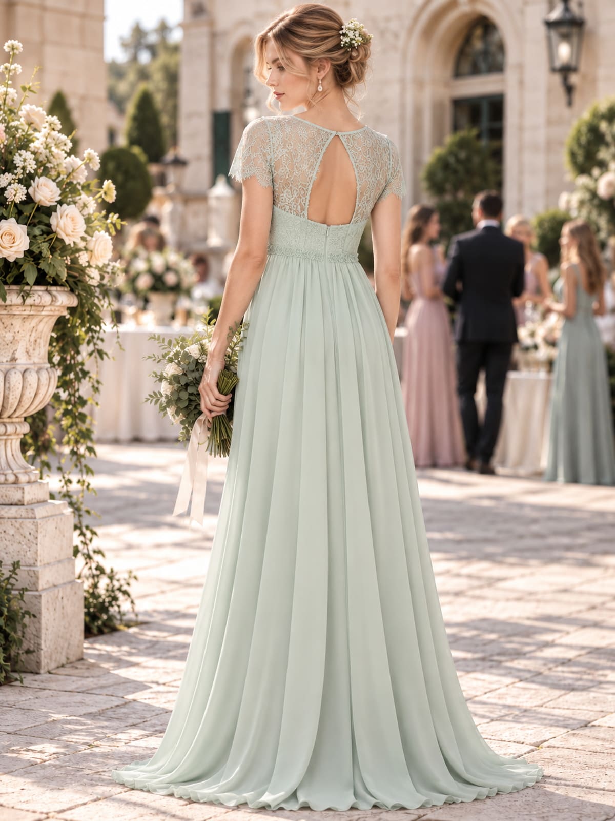 Floral lace chiffon mother of the bride dress with sheer keyhole back, defined waist and flowing floor-length A-line skirt, back view.