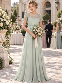 Floral lace chiffon A-line floor-length mother of the bride evening dress with illusion neckline and short lace sleeves, front view.