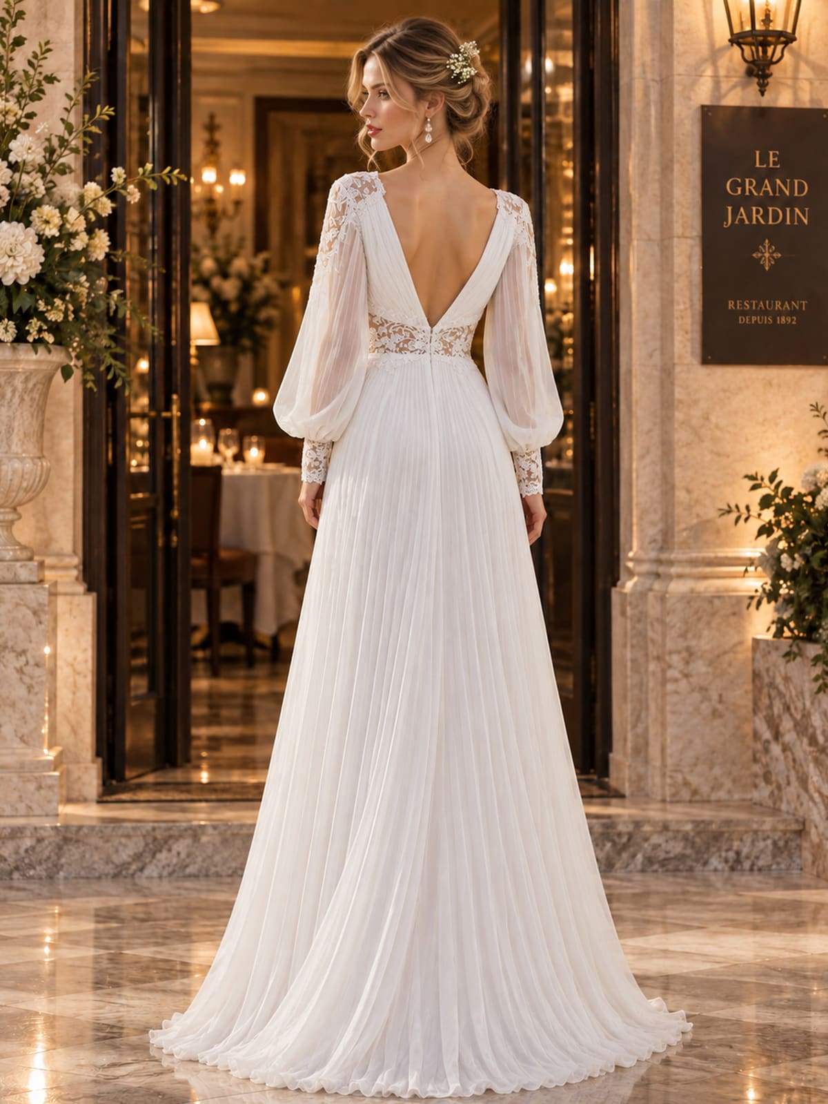 Floral lace chiffon mother of the bride dress with deep V-back, lace shoulder detail and pleated floor-length A-line skirt, back view.