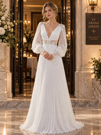 Floral lace chiffon A-line floor-length mother of the bride evening dress with deep V-neckline, long bishop sleeves and lace waist, front view.