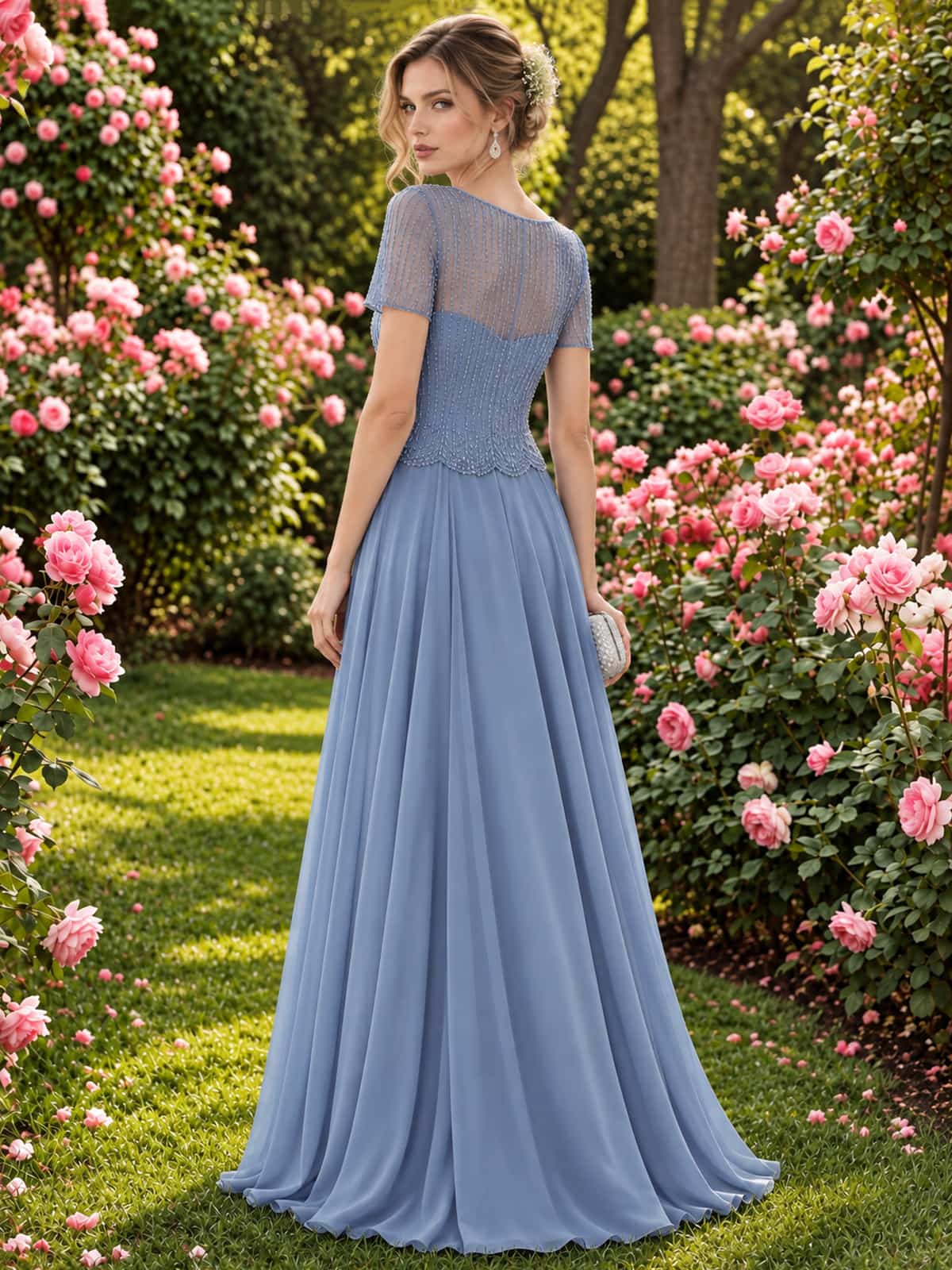 Beaded floral lace chiffon mother of the bride dress with sheer lace back and flowing floor-length A-line skirt, back view.