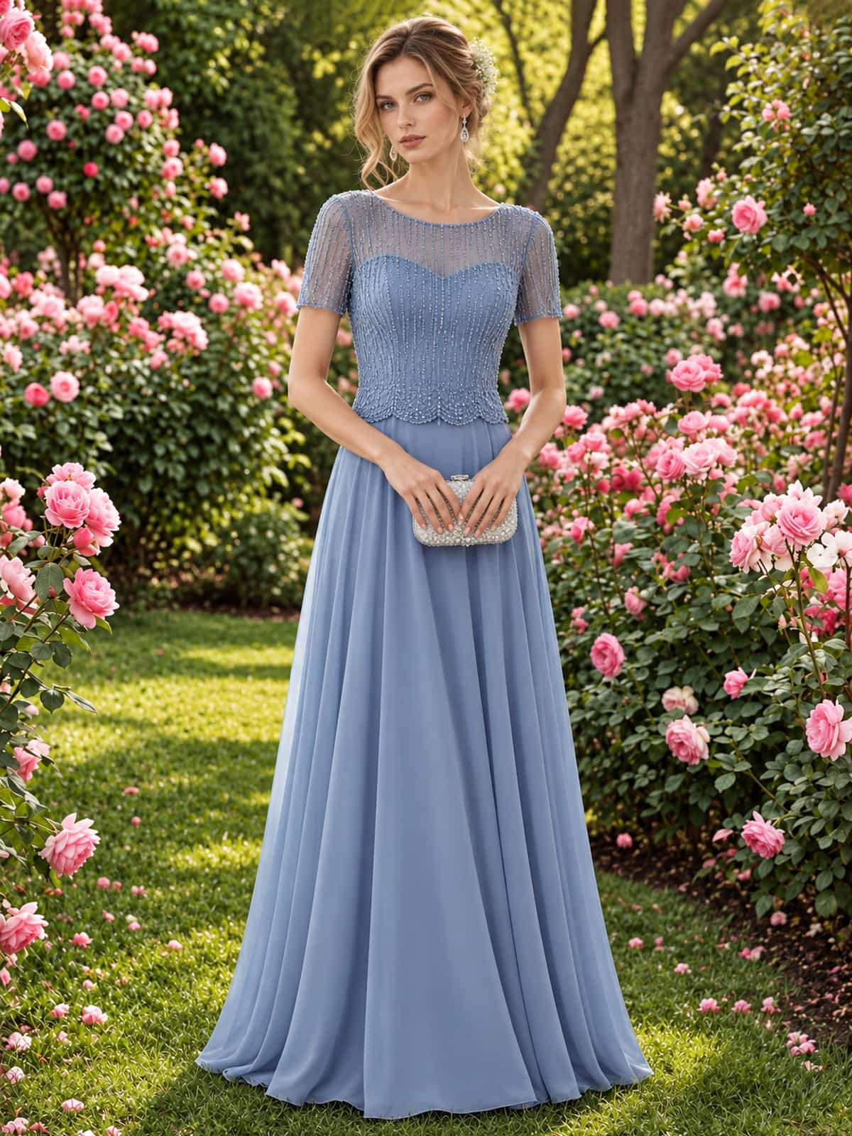 Beaded floral lace chiffon A-line floor-length mother of the bride evening dress with illusion neckline and short sleeves, front view.