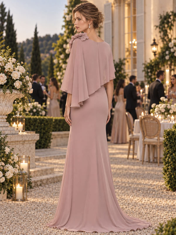 Chiffon mother of the bride dress with asymmetric cape overlay, clean back and floor-length column silhouette, back view.