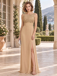 Beaded floral lace chiffon A-line floor-length mother of the bride evening dress with bateau neckline, ruched waist and side slit, front view.