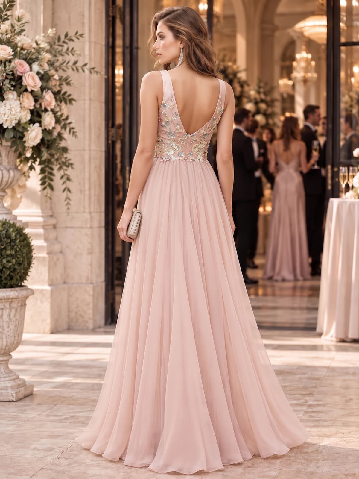 Sequin floral lace chiffon mother of the bride evening dress with low V-back and flowing floor-length skirt, back view.