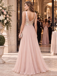 Sequin floral lace chiffon mother of the bride evening dress with low V-back and flowing floor-length skirt, back view.