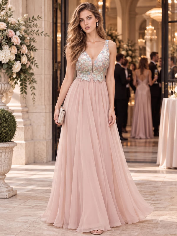 Sequin floral lace chiffon A-line mother of the bride evening dress with V-neck illusion bodice and floor-length skirt, front view.