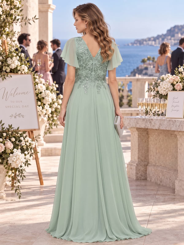 Sequin floral lace chiffon mother of the bride dress with V-back, embellished bodice and flowing floor-length A-line skirt, back view.
