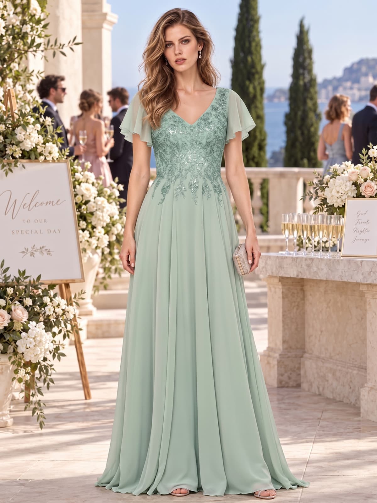 Sequin floral lace chiffon A-line mother of the bride evening dress with V-neckline, flutter sleeves and floor-length skirt, front view.