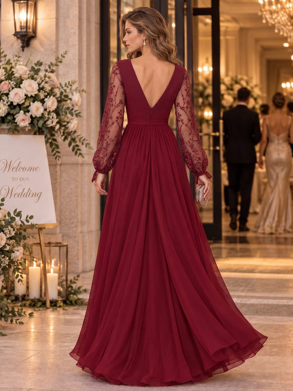 Floral lace chiffon mother of the bride evening dress with deep V-back, sheer embroidered sleeves and floor-length A-line skirt, back view.