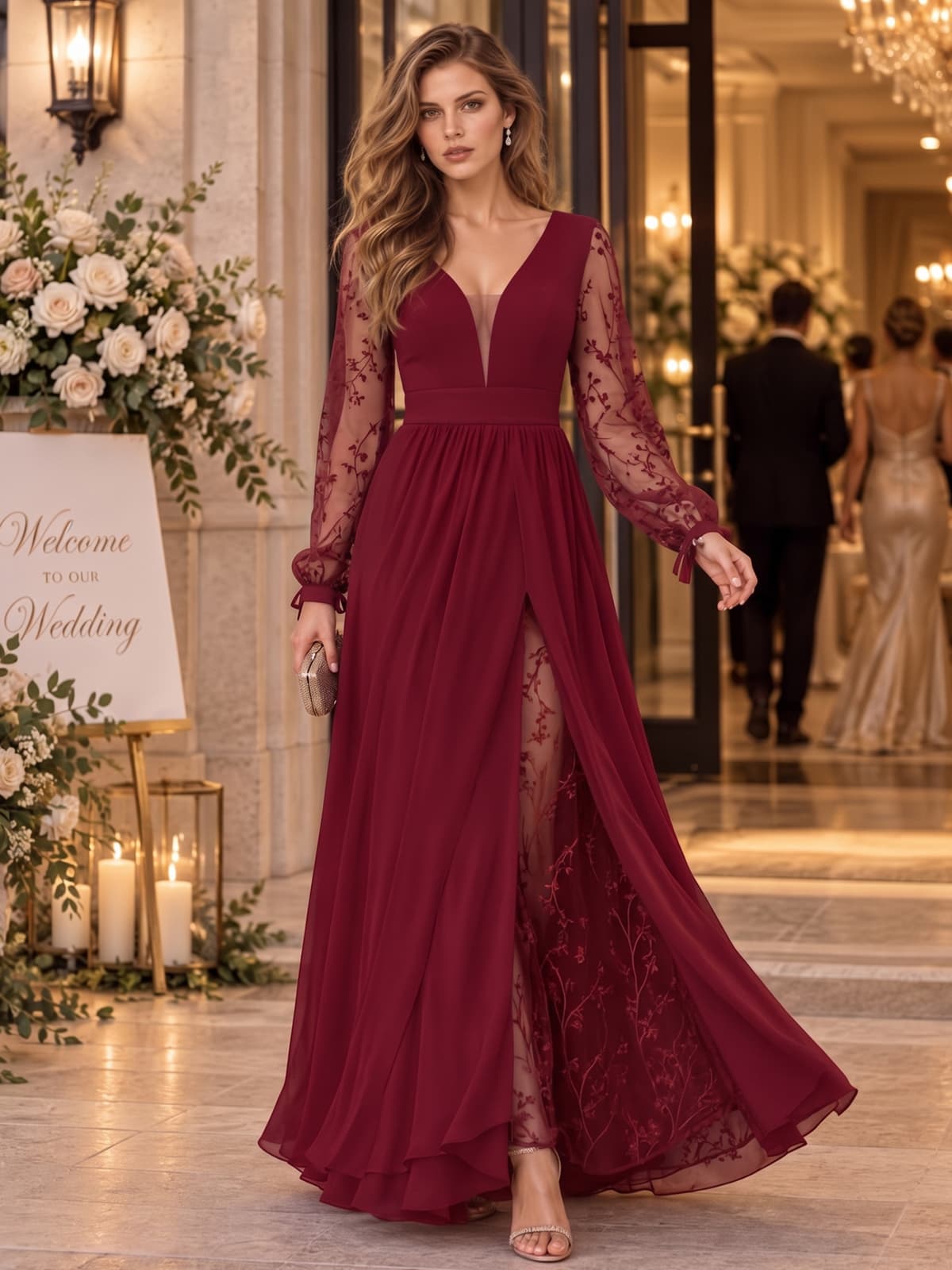 Floral lace chiffon A-line mother of the bride evening dress with deep V-neck, sheer long sleeves and floor-length skirt, front view.