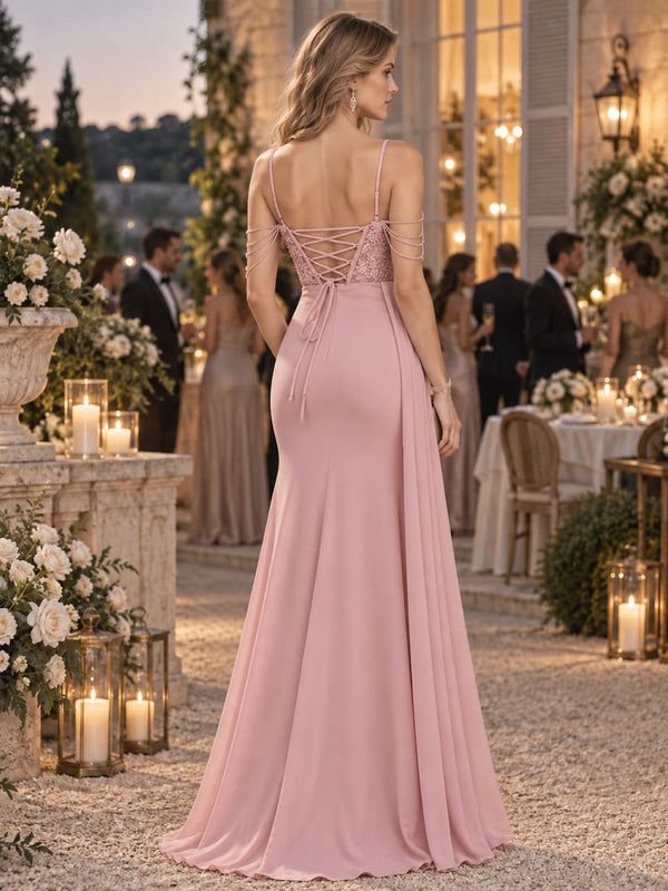 Floral lace chiffon mother of the bride evening dress with lace-up back, beaded shoulder chains and floor-length skirt, back view.