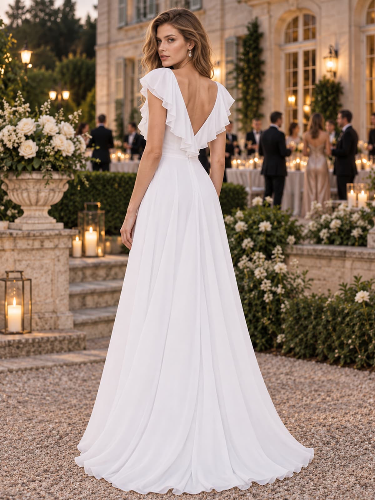 Chiffon A-line mother of the bride evening dress with deep V-back and layered ruffle shoulder detail, back view.