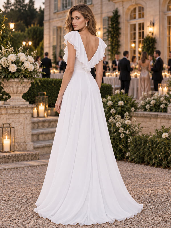 Chiffon A-line mother of the bride evening dress with deep V-back and layered ruffle shoulder detail, back view.
