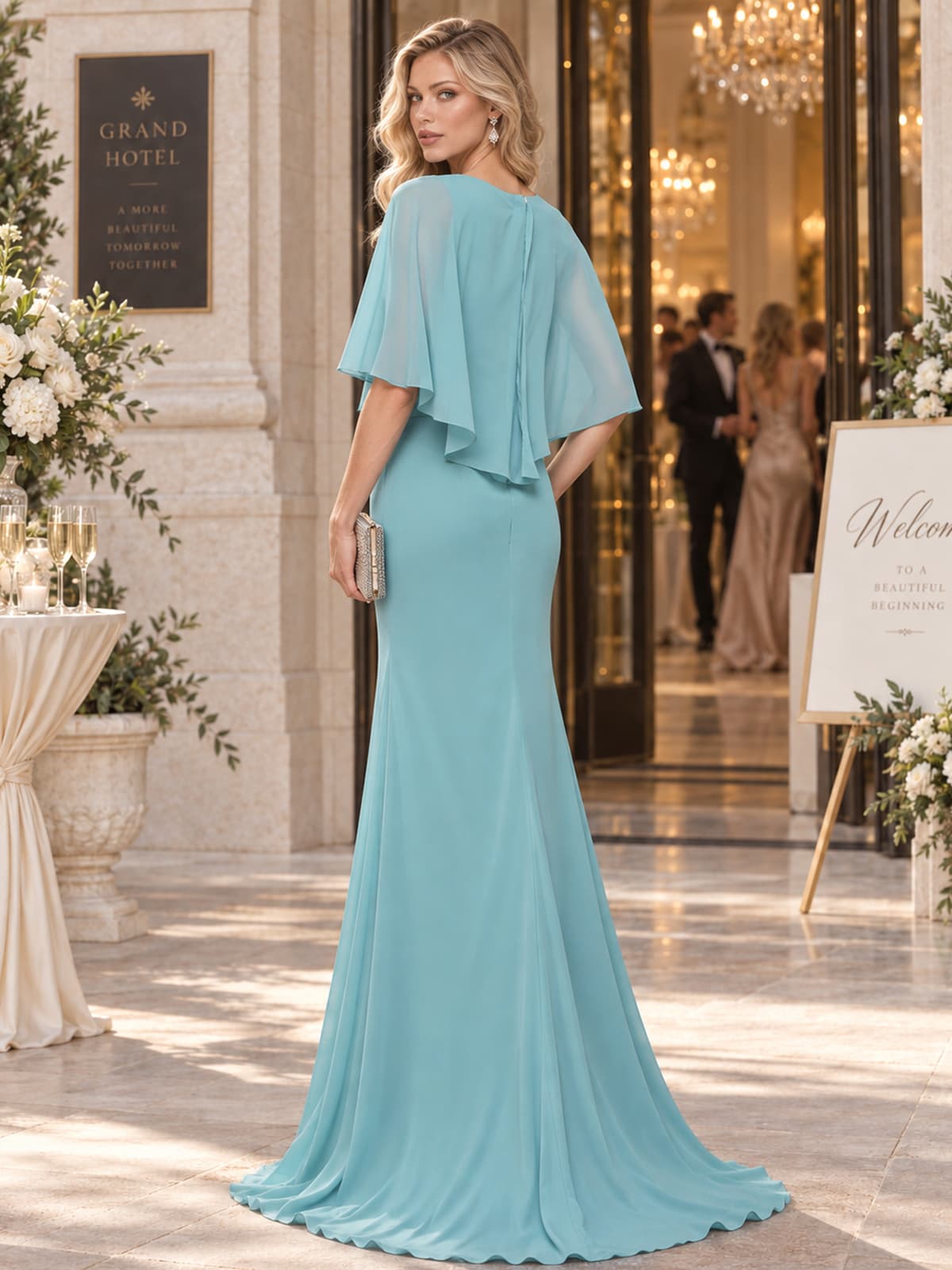 Chiffon sheath mother of the bride evening dress with flowing cape overlay and clean back design, back view.
