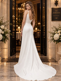 Embellished satin sheath mother of the bride evening dress with spaghetti straps, low V-back and floor-length silhouette, back view.