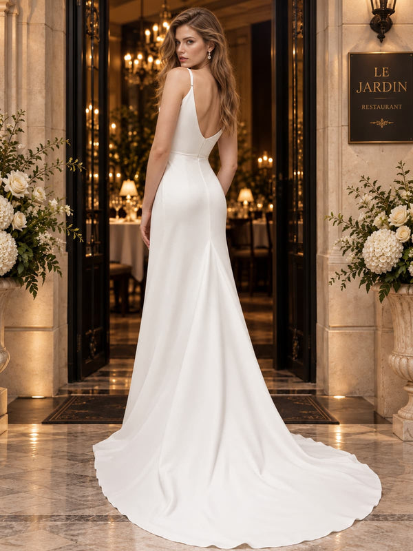 Embellished satin sheath mother of the bride evening dress with spaghetti straps, low V-back and floor-length silhouette, back view.