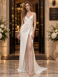 Embellished satin sheath mother of the bride evening dress with spaghetti straps, V-neckline, draped bodice and front slit, front view.