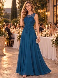 Front view of a chiffon A-line mother of the bride evening dress with illusion jewel neckline, lace appliqué bodice, and floor-length skirt.