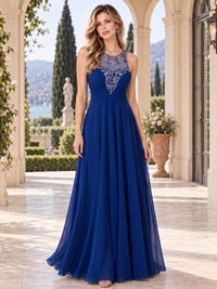 Front view of a beaded lace chiffon A-line mother of the bride dress with illusion jewel neckline and floor-length skirt.