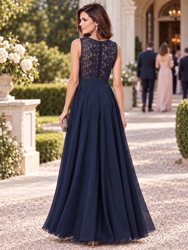 Back view of a lace chiffon A-line mother of the bride dress with floral lace bodice and floor-length chiffon skirt.
