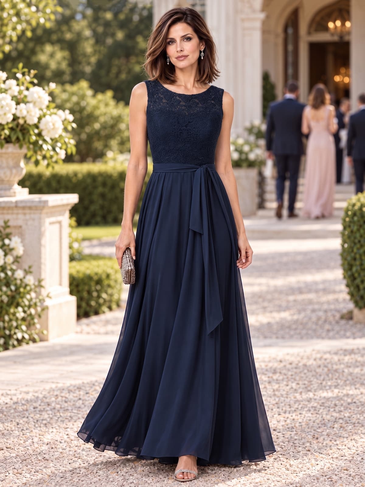 Front view of a lace chiffon A-line mother of the bride dress with jewel neckline, side sash and floor-length skirt.