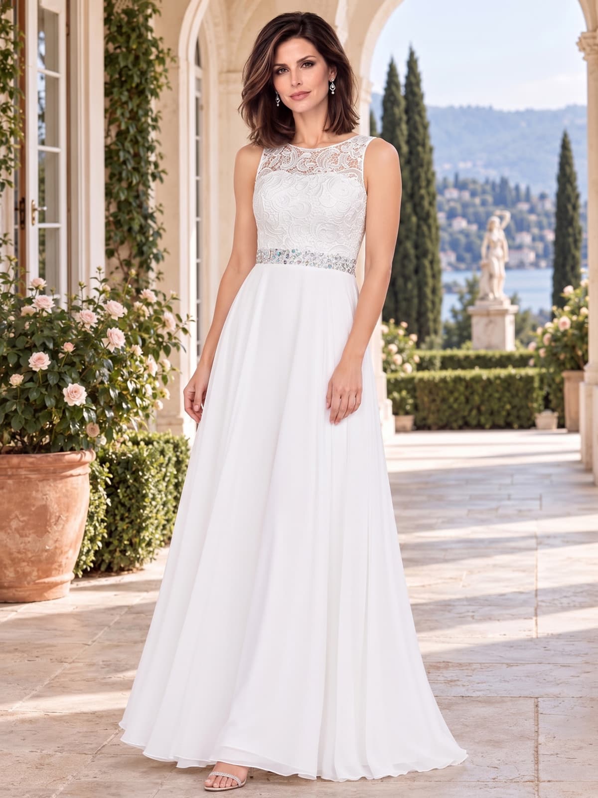 Front view of a lace chiffon A-line mother of the bride dress with illusion neckline, floral lace bodice and beaded waist.