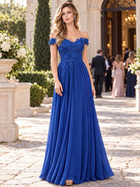 Front view of a chiffon A-line mother of the bride dress with off-the-shoulder neckline, lace bodice, 3D floral appliqués and floor-length skirt.
