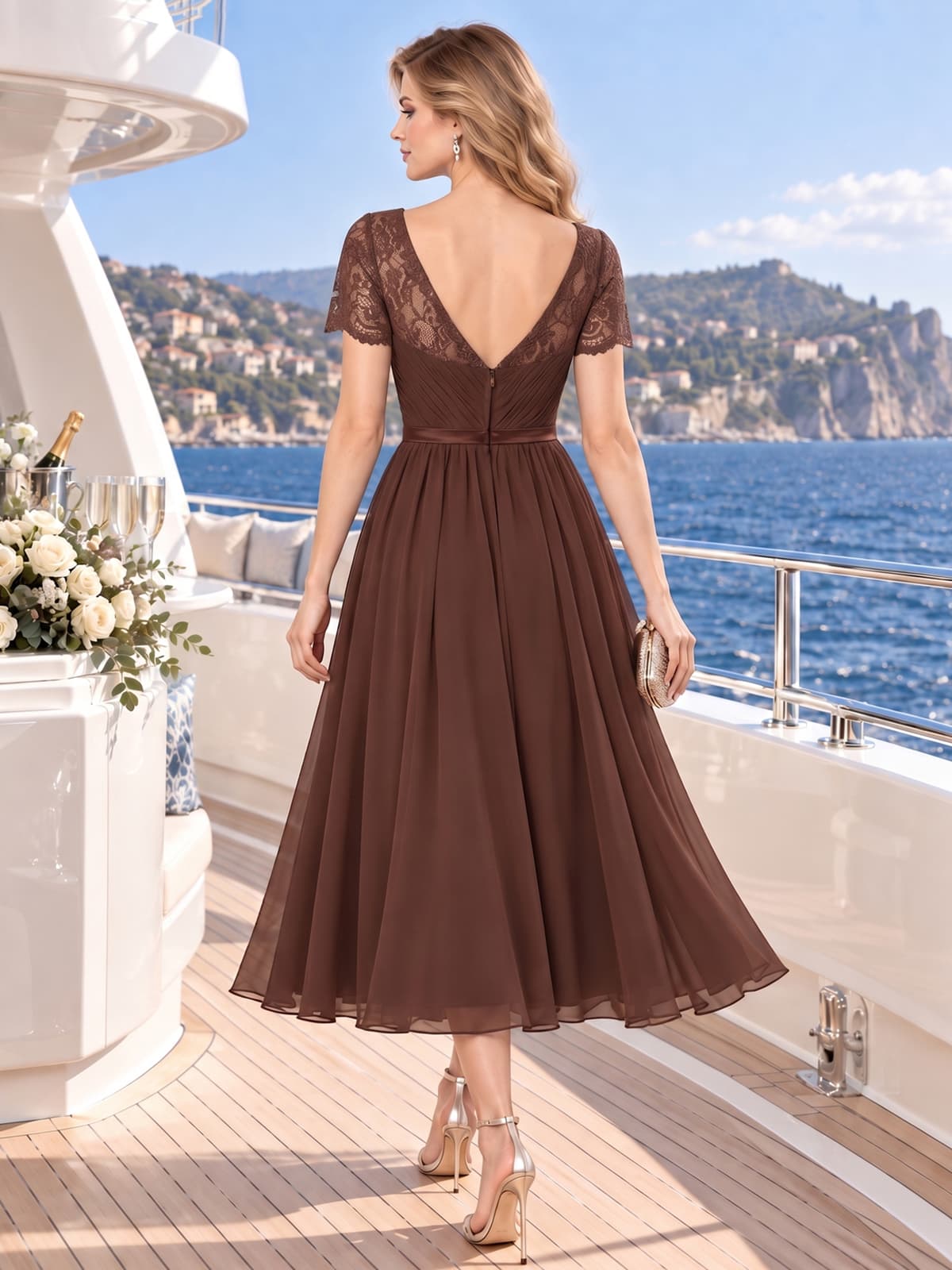 Back view of a lace chiffon A-line mother of the bride dress with deep V-back, short lace sleeves, defined waistband and midi skirt.