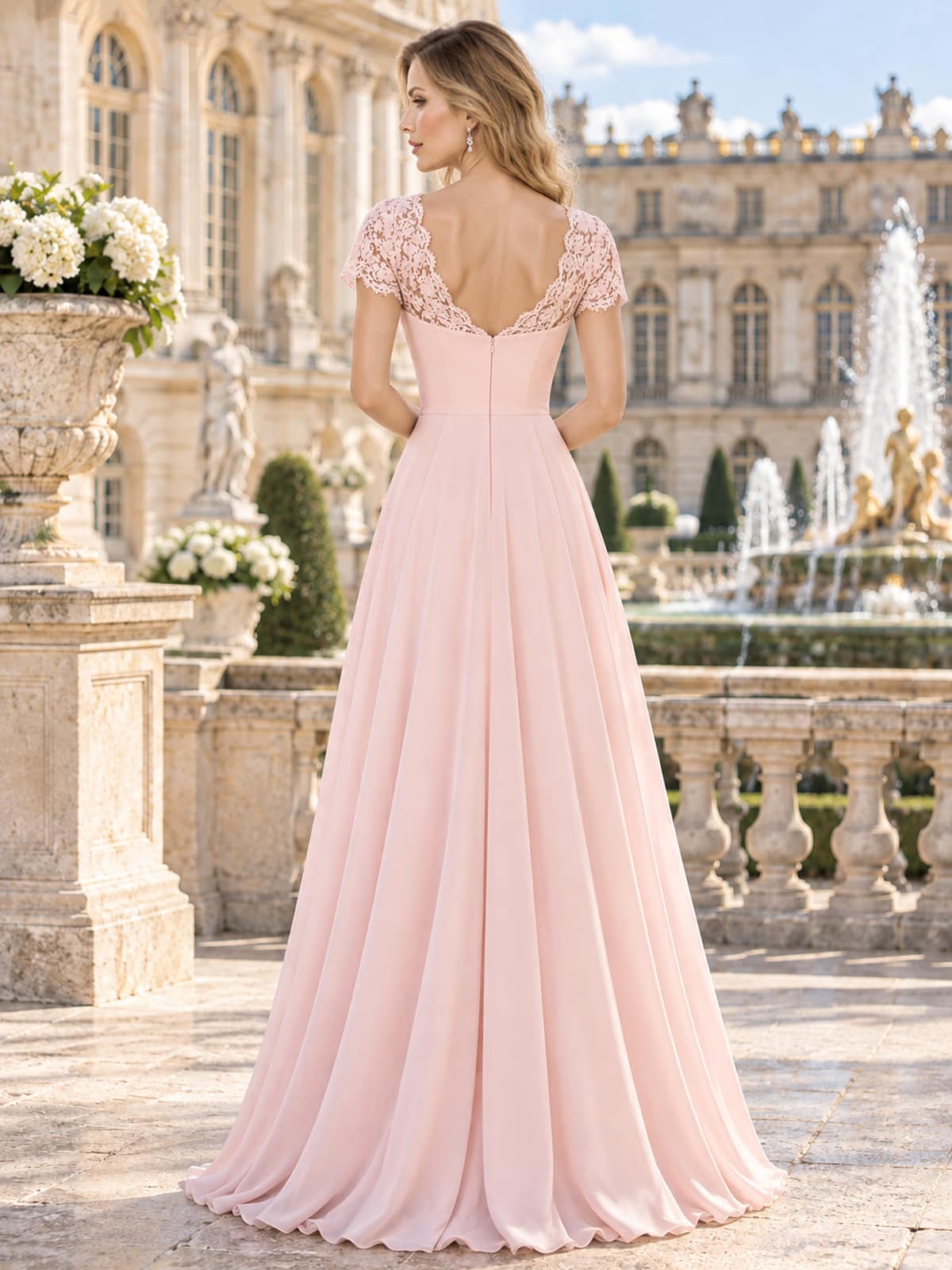 Back view of a lace chiffon A-line mother of the bride dress with deep V-back, floral lace shoulders and center-back zipper.