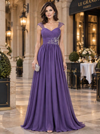 Front view of a purple chiffon A-line mother of the bride dress with sweetheart neckline, lace shoulders and beaded floral appliqué.