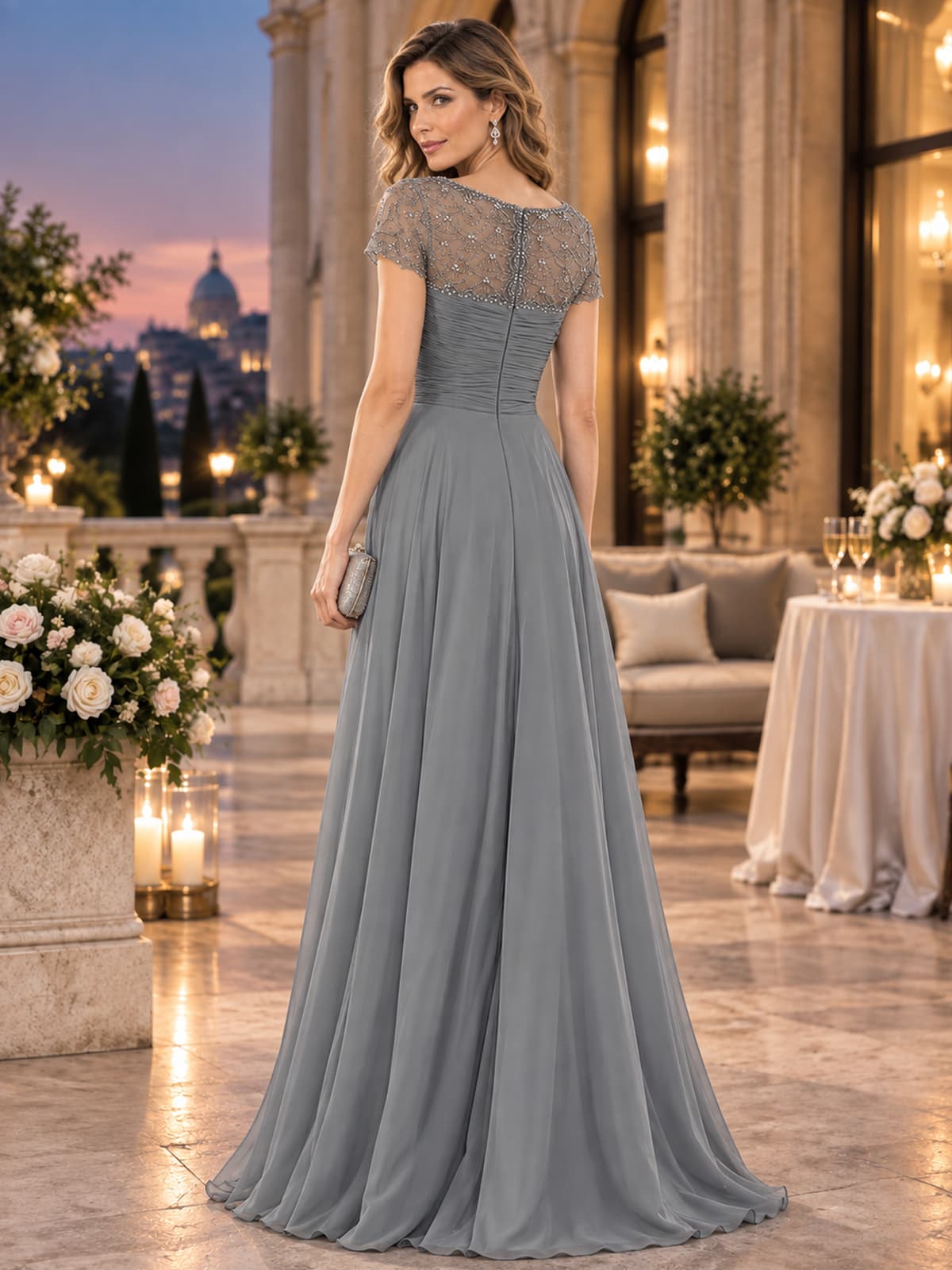 Back view of an As Pic Color beaded lace chiffon A-line mother of the bride dress with embellished sheer lace shoulders and center back zipper.