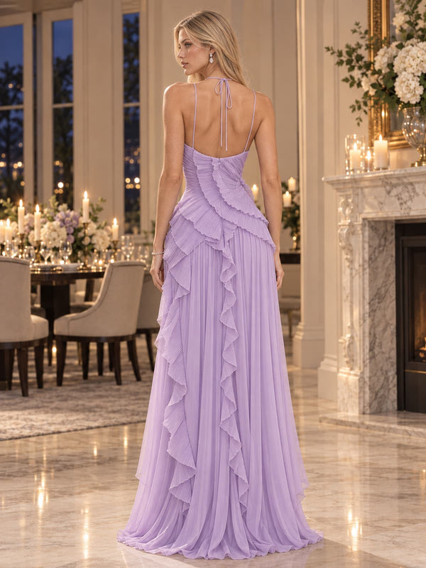 Back view of a lavender pleated chiffon A-line mother of the bride dress with halter tie straps, layered cascading ruffles and center back zipper.