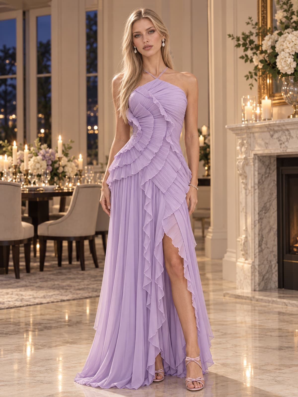 Front view of a lavender pleated chiffon A-line mother of the bride dress with halter neckline, cascading ruffles and front slit.