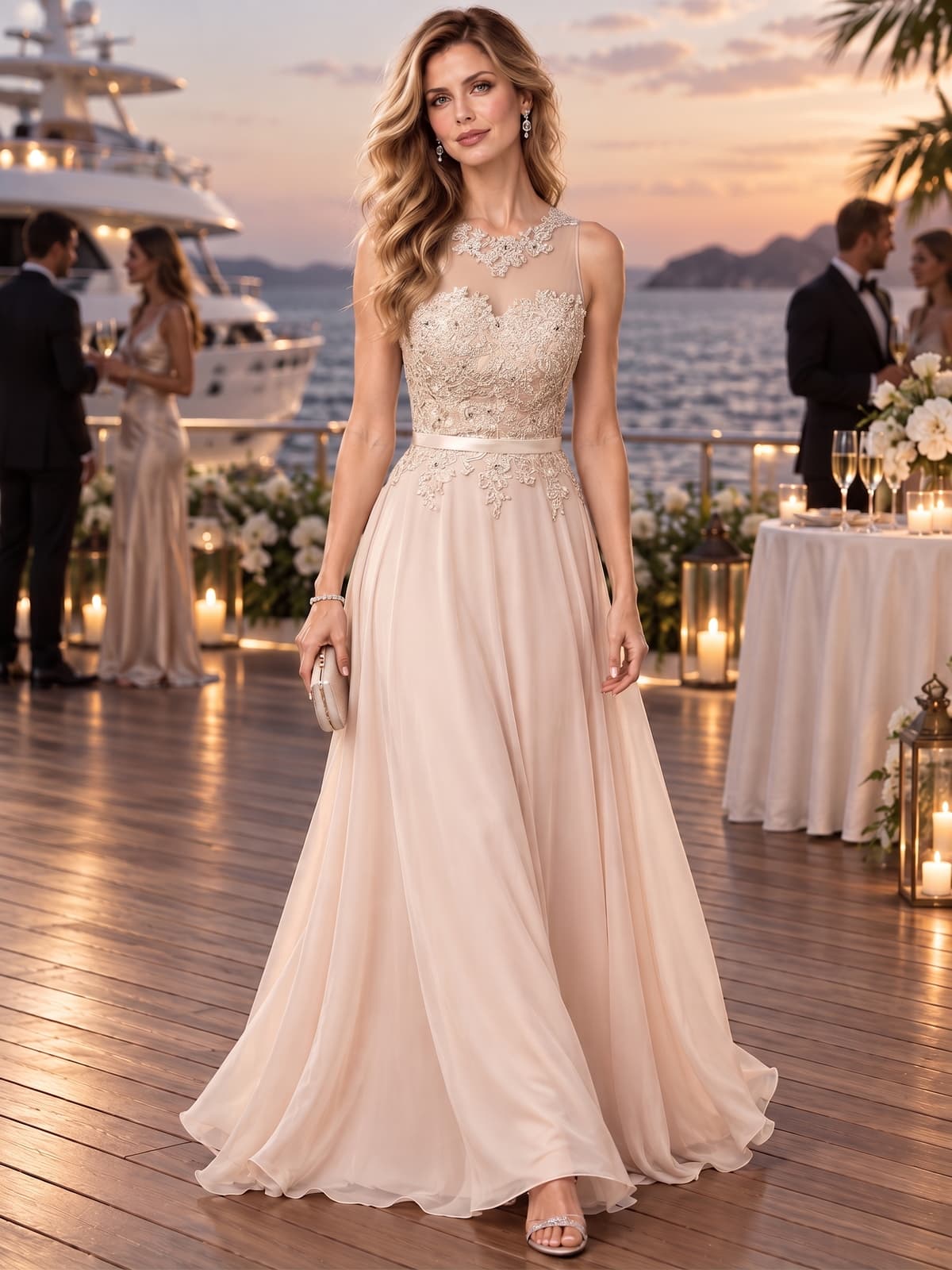 Front view of a floral lace chiffon A-line mother of the bride dress with illusion neckline, appliqué bodice and floor-length skirt.