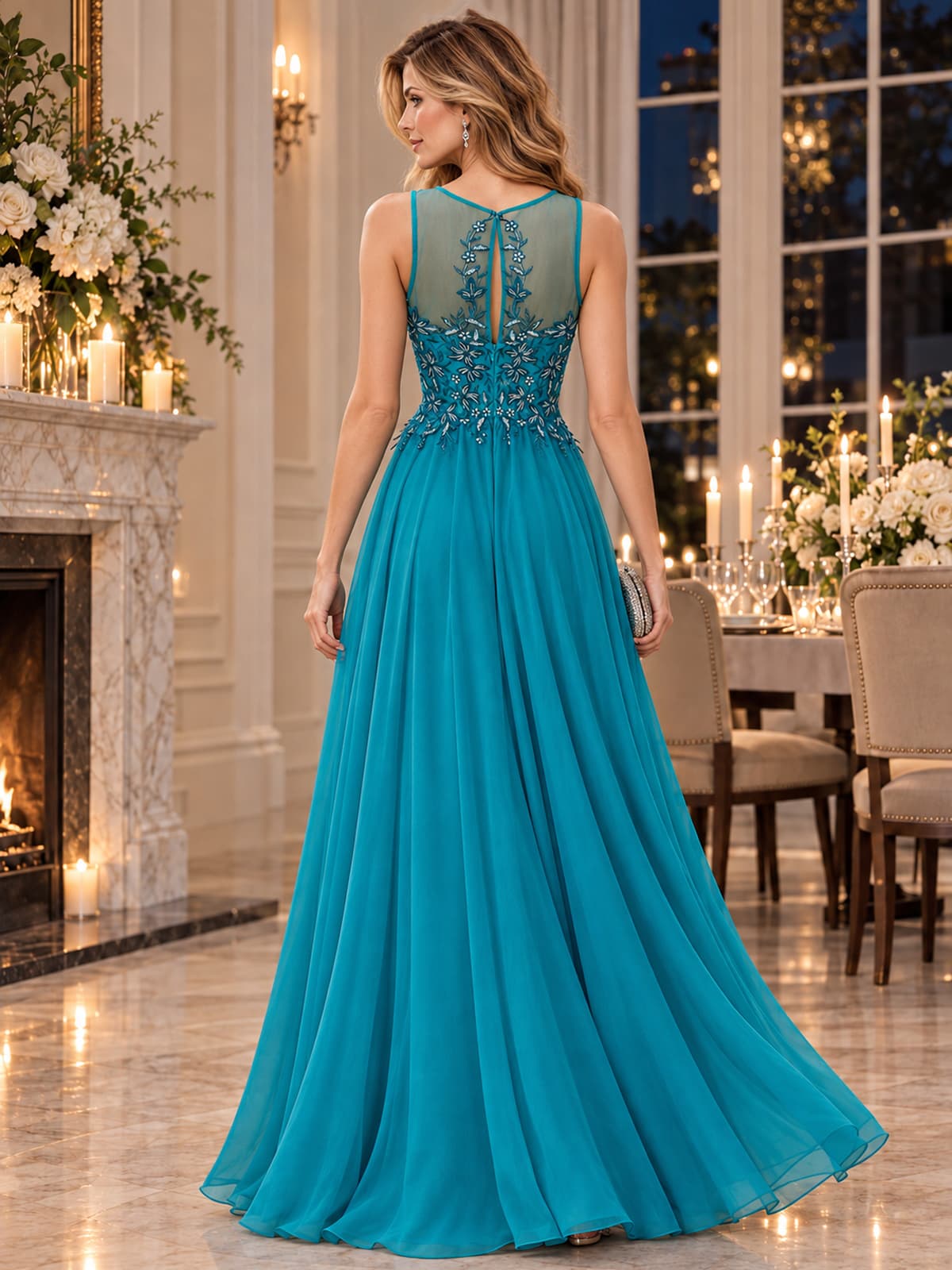 Back view of an embroidered floral chiffon A-line mother of the bride dress with illusion floral panel, keyhole back and flowing floor-length skirt.