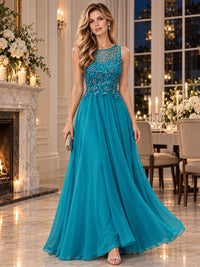 Front view of an embroidered floral chiffon A-line mother of the bride dress with illusion neckline, beaded bodice and floor-length skirt.