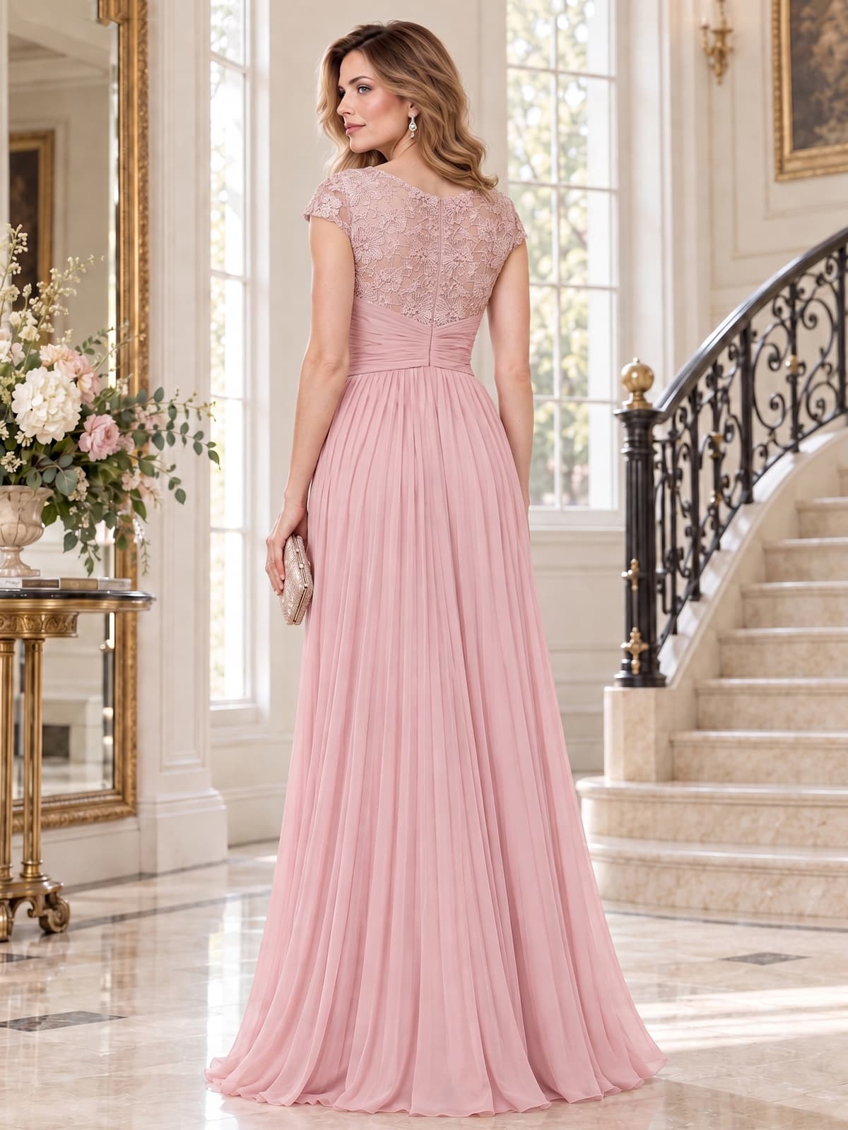 Back view of a floral lace chiffon A-line mother of the bride dress with lace bodice, ruched waist and center-back zipper.